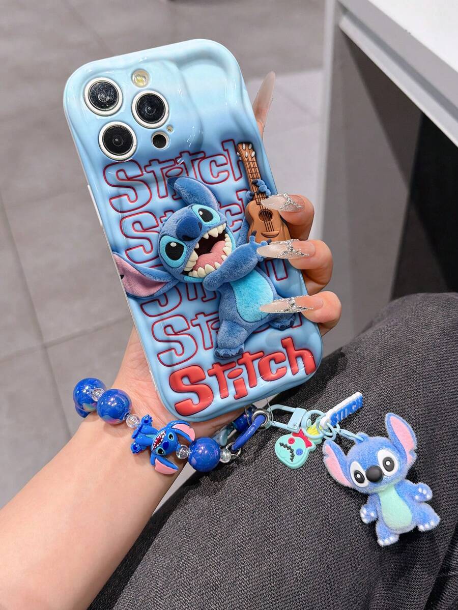 Disney Has Authorized, Phone Case - Chain Set, The Stitch Lilo & Stitch 3D Phone Case Plus A Silicone 3D Stitch Bracelet With Metallic Ring Removable Bracelet, Stitch And Angel Pattern, Compatible With Iphone17/16/15/14/13/12/11/XS/XR/X Plus Pro Max, A Stylish Cartoon Phone Case, The Perfect Gift Choice, Phone Protection, Durable Phone Cover, Great Gift For Friends And Family. - trắng - Xem 1