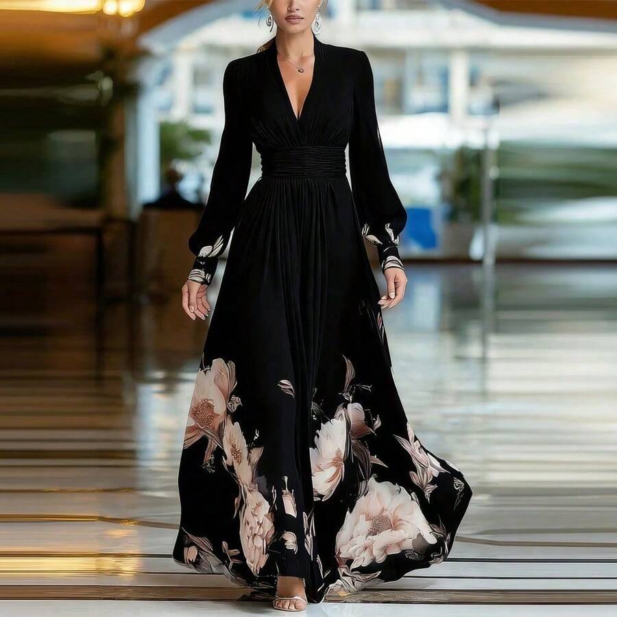 Long Spring Dress With Tulle Overlay, French-Style Fitted Cut, Versatile Print - Black - View 1