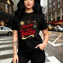 Camiseta de mujer con estampado festivo "Happy New Year 2026" y fuegos artificiales en rojo y dorado - camiseta corta de manga casual, ajuste cómodo y moderno, estilo urbano para la ciudad - ideal para celebrar Nochevieja, salidas nocturnas y regalo - Negro - Ver 11