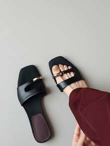 French Retro Open Toe Mule Sandals, Summer Slip-On Sandals, Thick Heel High Heels - Black - View 6