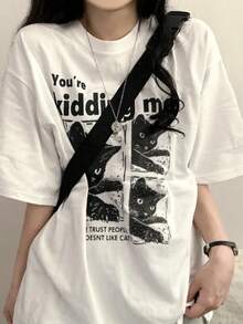 100% Cotton 200g Letter Print Loose Short Sleeve T-Shirt For Women (1 Count) - White - View 4