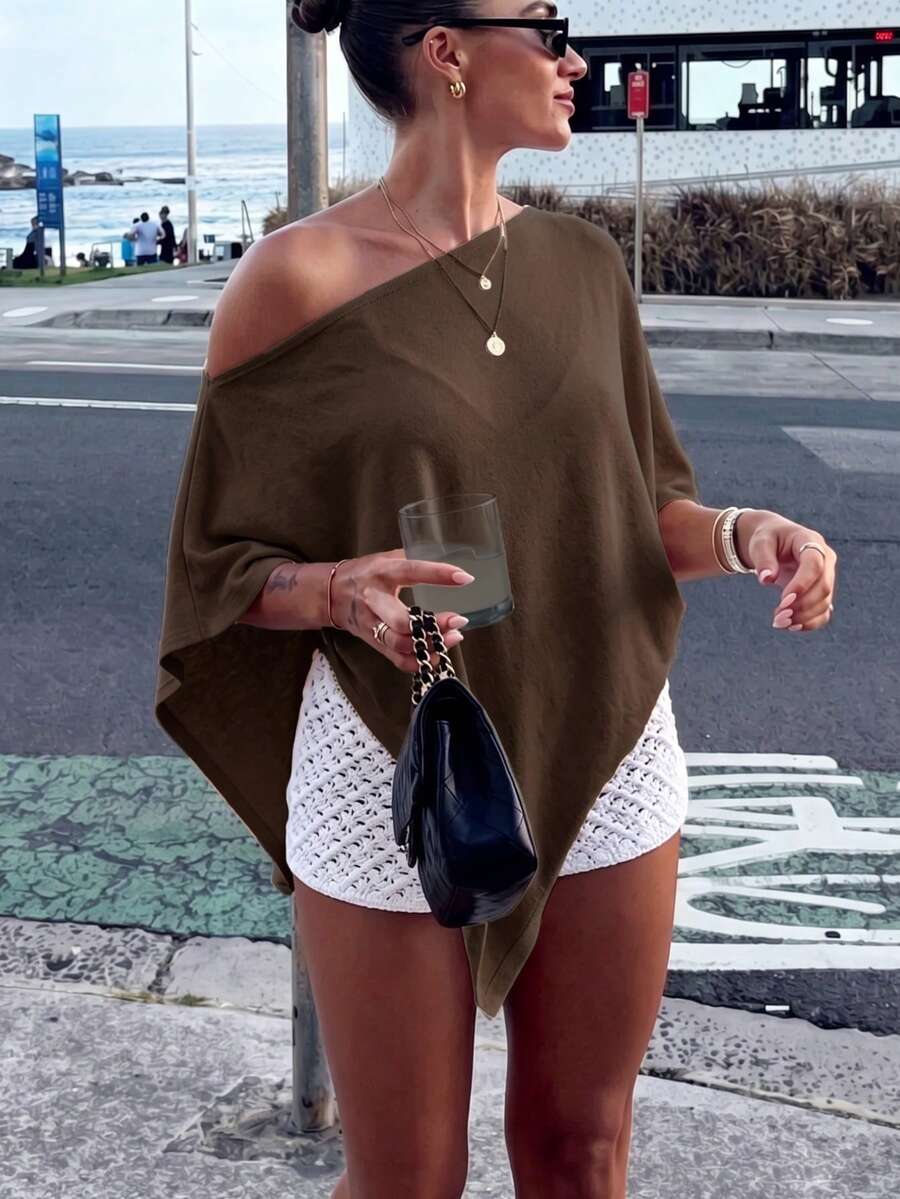 Women's Fashion Solid Color Knit Shawl Cover Up Vacation - Dark Brown - View 1