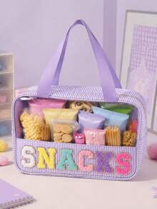 1Piece Women Seersucker Beach Snacks MEDS Bag Chenille Letter Clear Sunscreen SPF Makeup Bag With Handle And Zipper Seersucker Stripe Preppy Girls Cosmetic Pouch For Storage Travel Organizer - Multicolor - View 9
