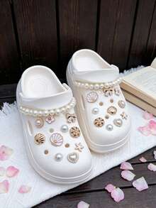 22pcs Fashion Versatile Pearl Chain Shell Flower Shoe Clips, Removable DIY Decorative Accessories For Women Sandals, Slippers, Beach Bags, Multi-Functional Shoe Charms, Perfect For Holiday And Birthday Party Gifts - White - View 3