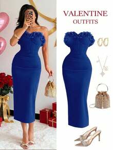 xheRafferiza Vestido ajustado con pliegues, cintura de corpiño y adorno floral de organza para mujerxhe - azul real - Ver 1