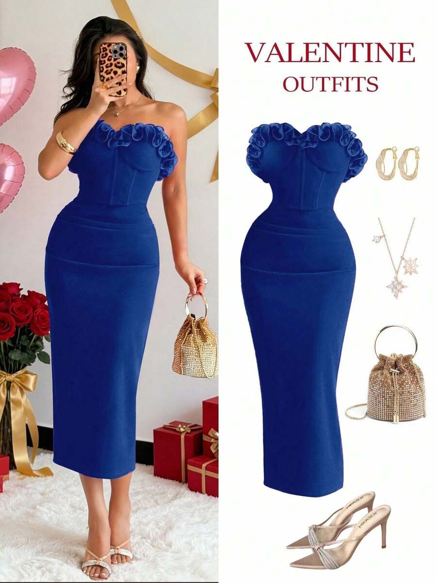 xheRafferiza Vestido ajustado con pliegues, cintura de corpiño y adorno floral de organza para mujerxhe - azul real - Ver 1
