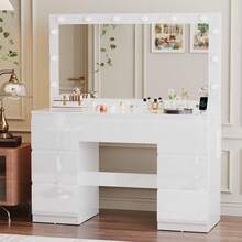 Devoko High-Gloss White Vanity Table With LED Cosmetic Mirror, Dressing Table Without Stool With 12 LED Lamps, Sockets, USB & Type-C, Jewelry Storage And 7 Drawers - View 3
