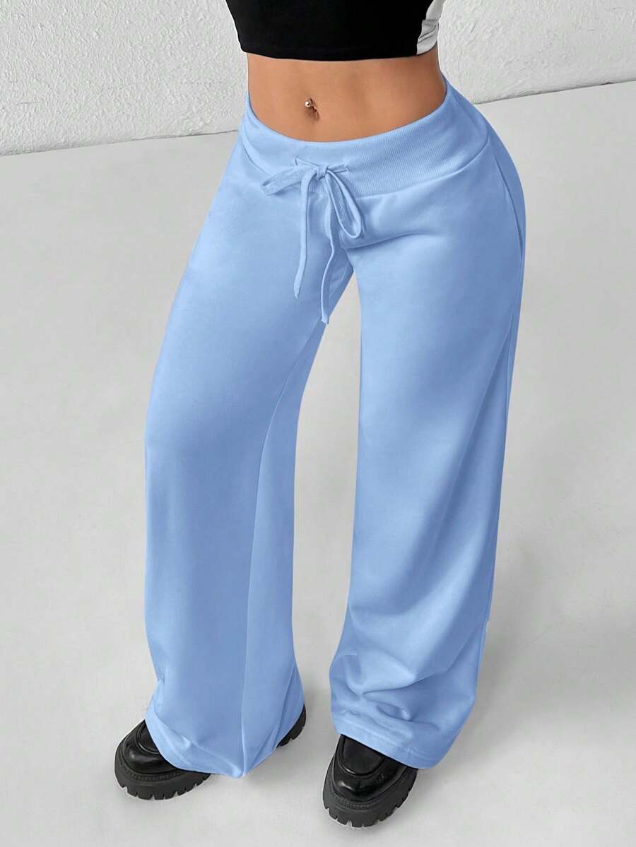 PETITE Pantalones de chándal cómodos y casuales de punto llano con cintura baja y pierna ancha para mujer - Celeste - Ver 1