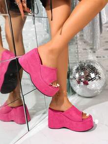 Sandal Platform Wedges Remaja, Sandal Kasual Liburan Musim Panas untuk Pelajar, Warna Polos, Serbaguna, Model Mule dengan Ujung Terbuka, Sandal Selop Platform yang Menambah Tinggi Badan - Rose Red - View 3
