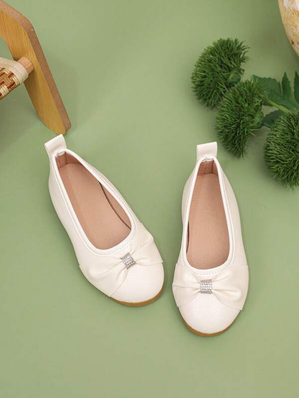 Girls' White Bow & Rhinestone Ballet Flats, Breathable PU Leather Princess Shoes For Wedding, Party & Daily Wear