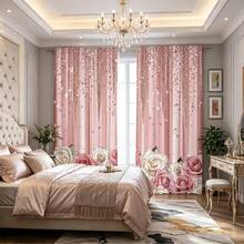2pcs/Set Shiny Pink Rose Pattern Printed Curtains, With Rod, Privacy Protection, Easy Installation, Suitable For Living Room, Kitchen, Cafe, Restaurant, Balcony, All Seasons, Decorative Curtains - Multicolor - View 8