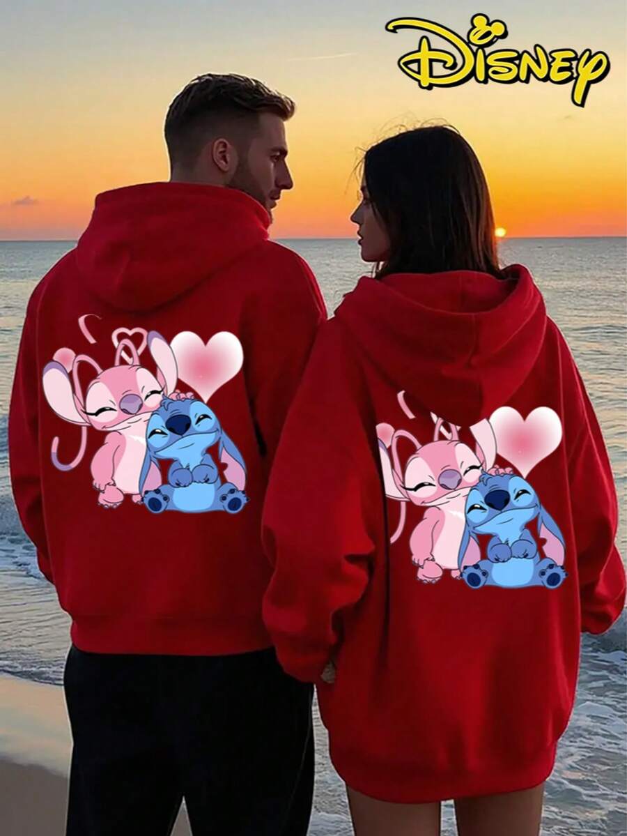 Couples Disney Lilo & Stitch Stitch And Angel With Hearts Hooded Sweater, Cute Matching Couple Outfit Sweatshirt, 1 Piece Sold Separately - 女士紅色 - 查看 1