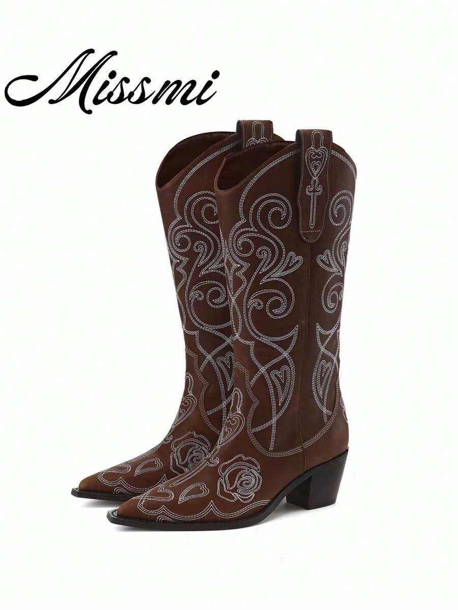 New Pointed Toe Chunky Heel Pant Leg Boots Women's Retro Knee-High Long Boots High Heel Western Cowboy Boots Riding Boots - Brown - View 1