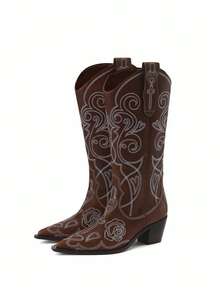 New Pointed Toe Chunky Heel Pant Leg Boots Women's Retro Knee-High Long Boots High Heel Western Cowboy Boots Riding Boots - Brown - View 7