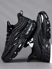 Men's 2026 Newest All Black Thick Sole Chunky Sneakers, Height Increasing Shock Absorbing Breathable Mesh Sports Shoes, Streetwear Versatile Men's Shoes, Leather PU Mesh Splicing Marathon Running Shoes, Men's Plus Size 46 Shoes, Youth Handsome Men's Shoes - Black - View 4