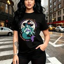 Camiseta de mujer con estampado de bruja sirena colorida y frase "I CAN GO FROM HER MIND TO MY WITCH REAL" - camiseta casual de manga corta con ajuste cómodo y estilo urbano alternativo - ideal para fiestas de Halloween, salidas por la ciudad y regal - Negro - Ver 9