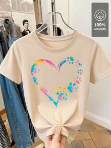 100% Multicolor T-Shirt With Paw And Heart Design - Light Beige - View 4