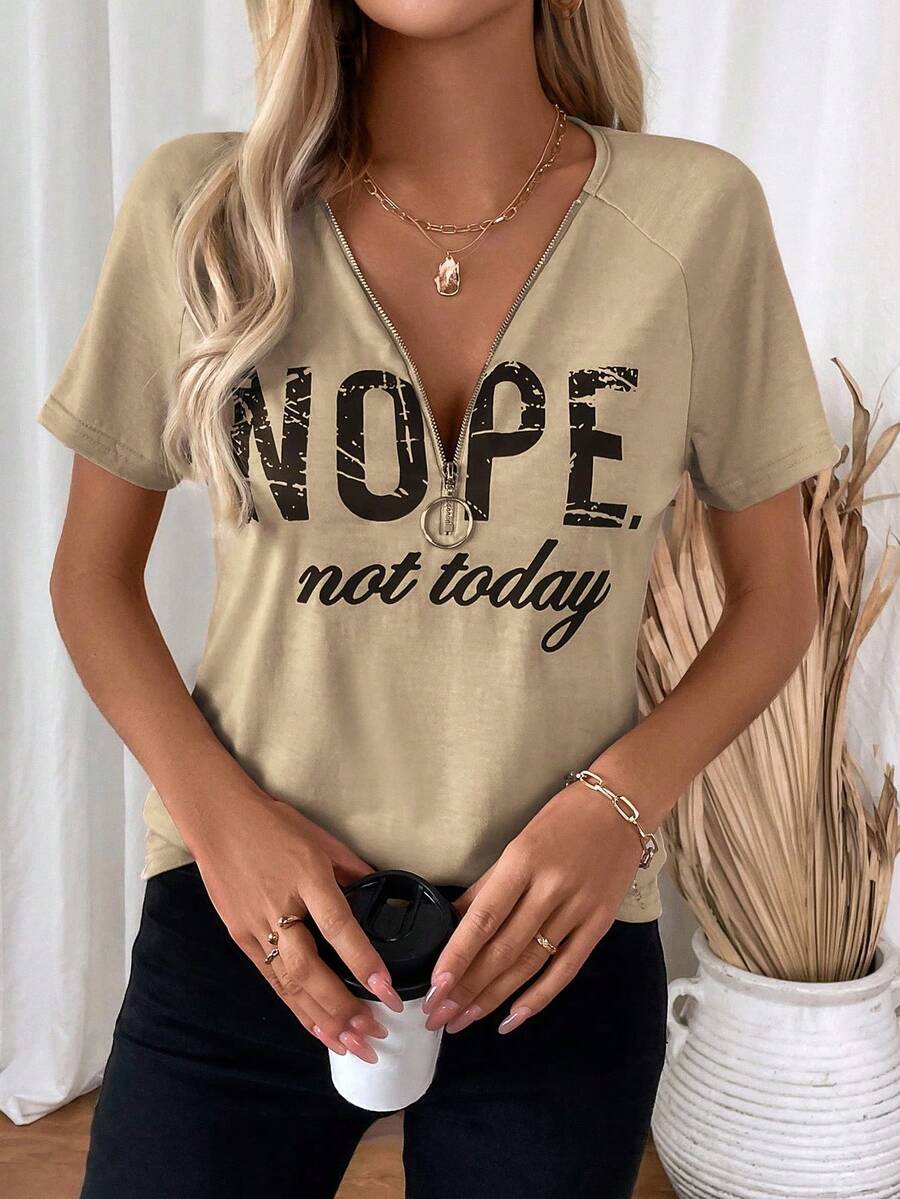 Camiseta De Manga Corta Gris Para Mujer Con Estampado De Letras De Festival De Música Para Primavera Y Verano - Albaricoque - Ver 1