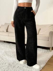 PETITE Pantalones anchos de unicolor informal para mujeres - Negro 3 - Ver 1