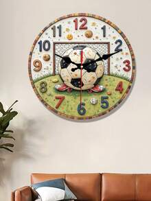 Round Wooden Wall Clock With Football Decoration, Silent Non-Ticking, Suitable For Home Decor, Gift Giving, AA Battery Not Included - 彩色 - 查看 3
