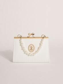 1pc White Striped PU Metal Frame Bag With Pearl Clasp, French Palace Style Queen Portrait Badge Decor, Pearl Handbag For Evening Party - White - View 6