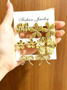 6-Pair Set French Style Golden Flower & Bow Stud Earrings, Versatile Elegant Earring Set - Gold - View 1