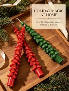 Set de 2 velas de árbol de Navidad, decoración navideña roja y verde. Velas realistas vintage hechas a mano reutilizables con brillo para mesa festiva, repisa de chimenea, sala de estar, decoración del hogar interior. Regalo de Feliz Navidad y Año Nuevo. Árboles artificiales rústicos de Navidad de invierno. - Vela larga cónica con forma de árbol de Navidad en 3D - Ver 5
