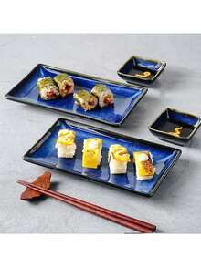 Sushi Serving Tray Sets 2, 6 Pieces Japanese Style Porcelain Sushi Plate Set With Soy Sauce Dishes, Chopsticks Housewarming Blue - View 1