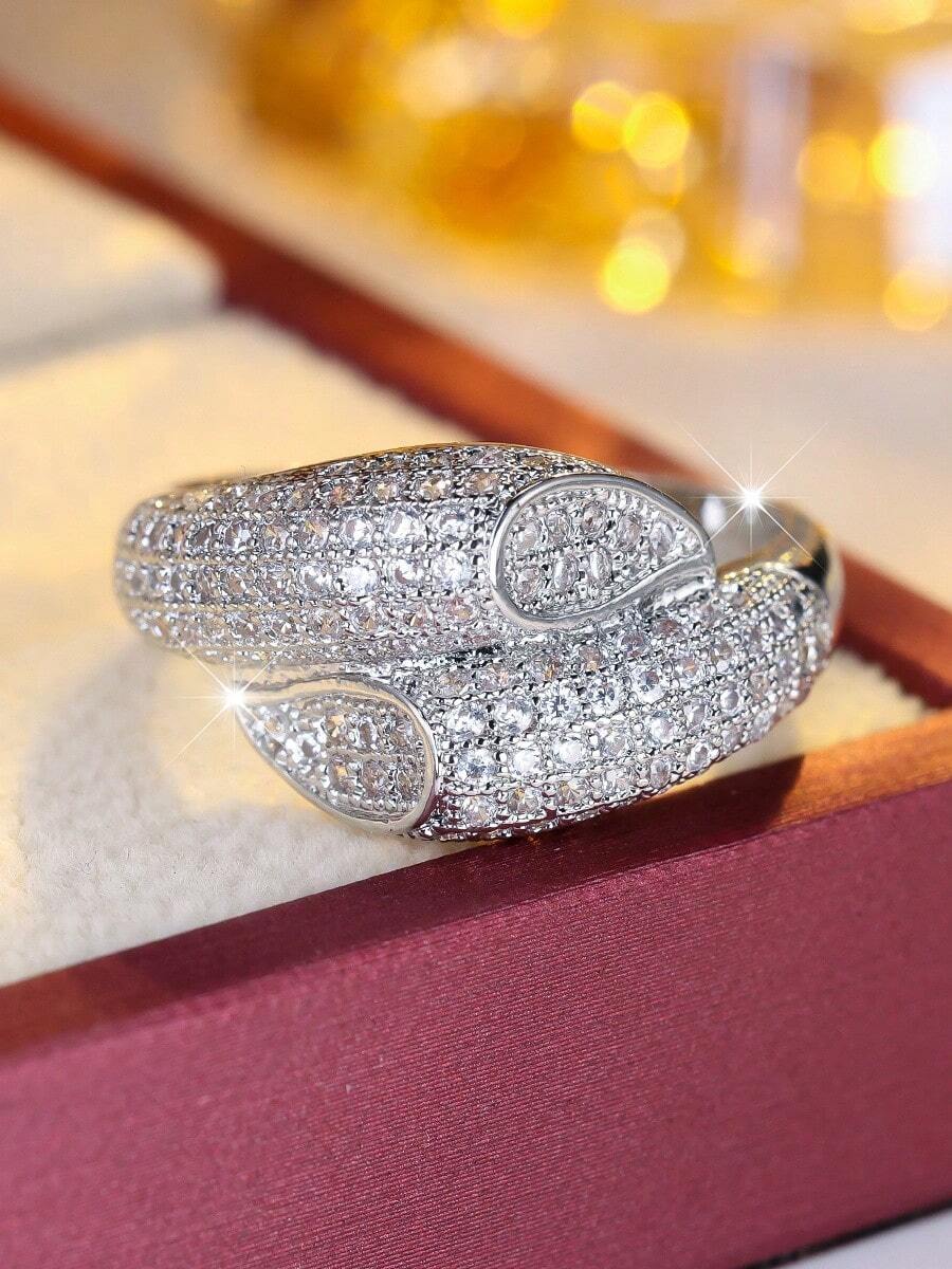 1pc Vintage Glamorous Double Leaf Full Zirconia Inlaid Ring For Women, Elegant Party Gathering Accessory With Premium Texture - Ring - View 1