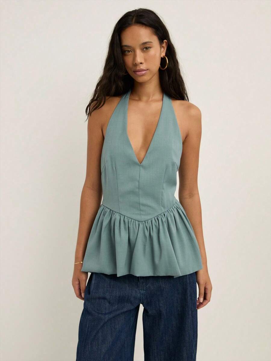 2026 Top halter con escote en V profundo sin mangas con detalle de peplum y recogido.Elegante y formal para vacaciones de verano y primavera, salidas, bodas, fiestas y festivales - Niebla azul - Ver 1