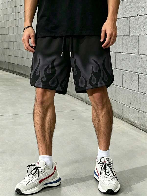 Quần short đi biển thời trang nam, họa tiết ngọn lửa - Chất liệu polyester, cạp chun có dây rút, nhẹ và thoải mái cho mùa hè, dáng rộng | Quần short có dây rút | Thích hợp cho bóng rổ, cắm trại, tập gym, bơi lội, đi biển, món quà tuyệt vời cho Ngày của Cha dành cho bạn trai và bố.
