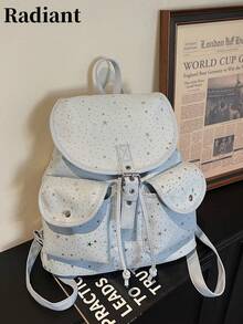 1pc Fashion Plaid Multi-Pocket Nylon Casual Backpack, Y2K Sweet & Cool Drawstring Backpack, College Student Schoolbag - Blue - View 3