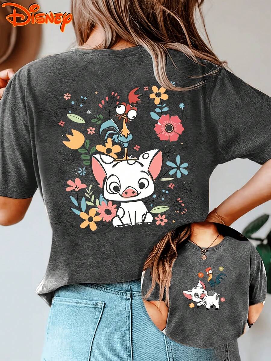 (Disney T Shirts)Disney Moana Pua And Heihei Floral Print With Cute Pig And Rooster Surrounded By Colorful Flowers Washed Black Cotton Crew Neck Short Sleeve Graphic Tee Women's Tropical Disney Casual Everyday Comfortable Top, Camisas Para Mujer, Camisetas, Disney Women T Shirts, Camisa, Graphic Tee, Cotton T Shirt, Camisetas, Summer Outfits For Women, Vacation Outfits Women, Summer Tops, Summer Clothes, Tops, Concert Outfits, Outfits For A Day Out At Disneyland, A Gift For Disney Fans, Party Outfits, Summer Clothes, Officially Licensed Disney T-Shirts, Disney Men's And Women's Spring/Summer Fashion Casual Short-Sleeve T-Shirts - Grey - View 1