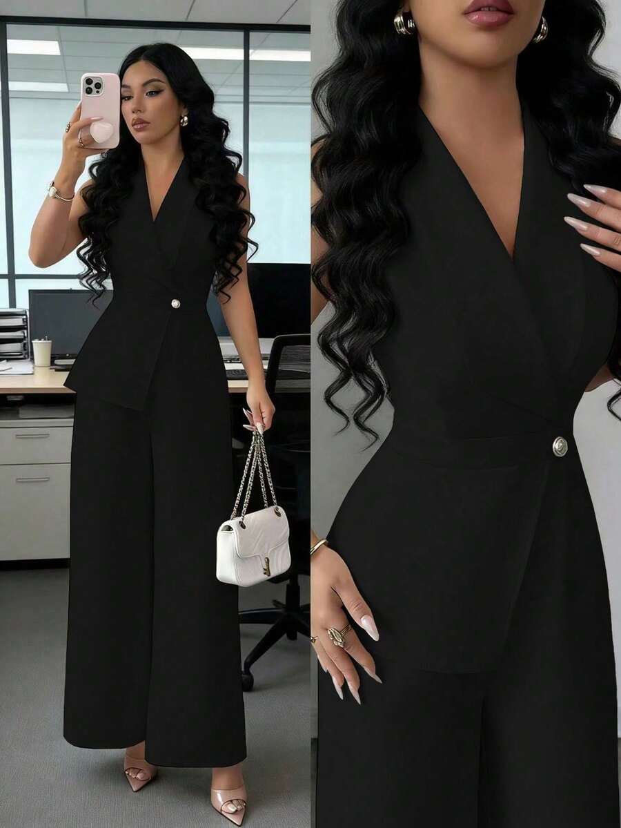 Conjunto profesional elegante de unicolor albaricoque con diseño de blazer de cuello en V, cinturón de cintura, adecuado para el trabajo, reuniones, maestros, escuela, Día de San Valentín, Día del Trabajo, Pascua, viajes, estilo casual de calle, mono de primavera/verano - Negro - Ver 1