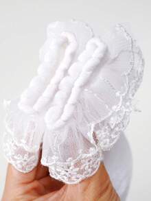 3雙兒童襪，白色襪子，優雅刺繡襪，花卉刺繡網紗荷葉邊襪，公主襪，蕾絲飾邊襪，優雅高端 - 白色 - 查看 2