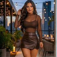Women's Set: Faux Leather Skirt And Black Sheer Tulle Bodysuit - Sexy And Elegant Look - Rỉ Nâu - Xem 1