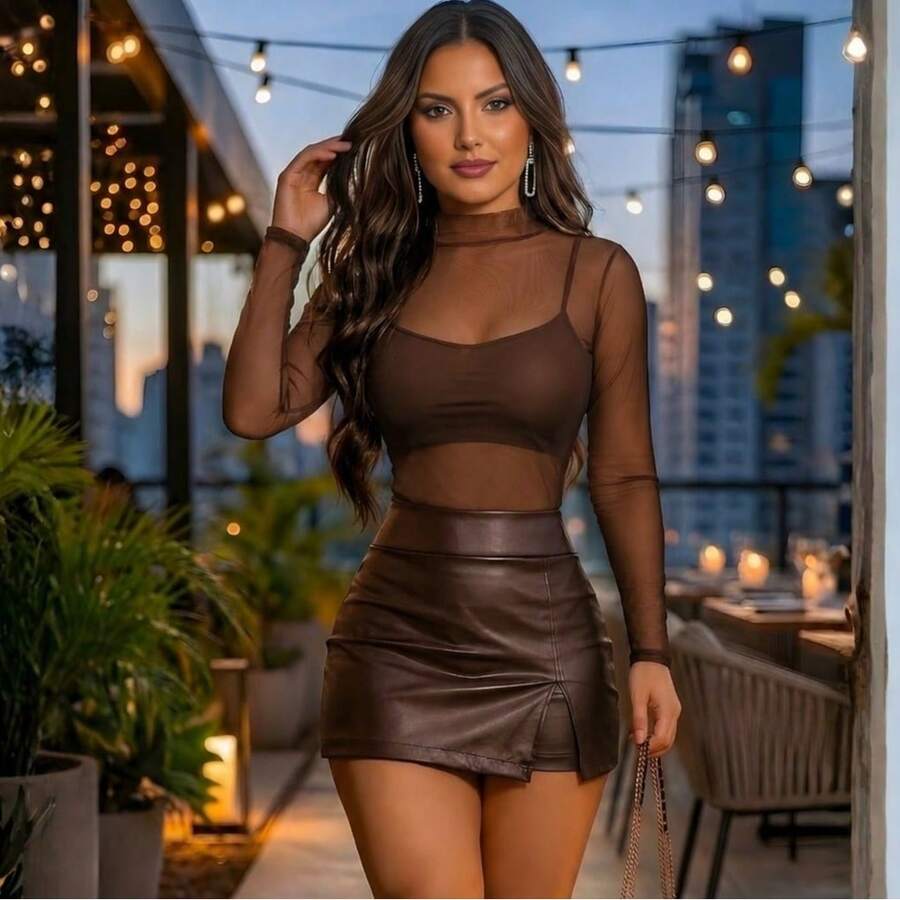 Women's Set: Faux Leather Skirt And Black Sheer Tulle Bodysuit - Sexy And Elegant Look - Rỉ Nâu - Xem 1