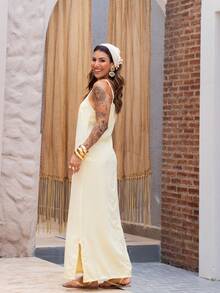 Women's Long Dress, Dunas Fabric, Spaghetti Straps, Side Slit, Straight Neckline, Loose Fit, Elegant, Various Colors, Sizes S-XL - Màu vàng bơ - Xem 8
