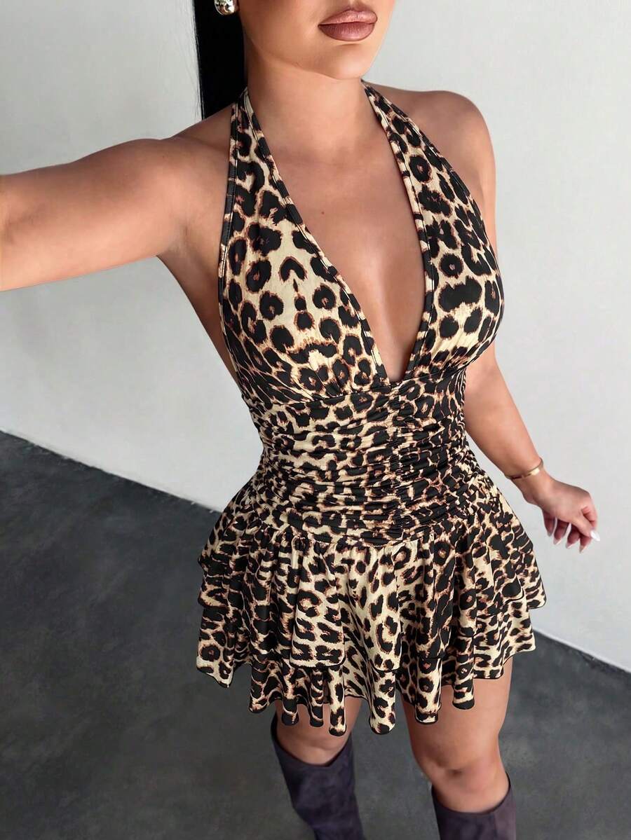 Vestido de mujer con cuello halter, estampado de leopardo y volantes en el bajo - Multicolor 3 - Ver 1