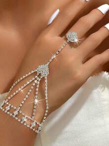 1pc Full Rhinestone Geometric Tassel Hand Chain Bracelet Ring Integrated Hand Jewelry For Women, Fashionable Luxury High-End - Silver - View 10