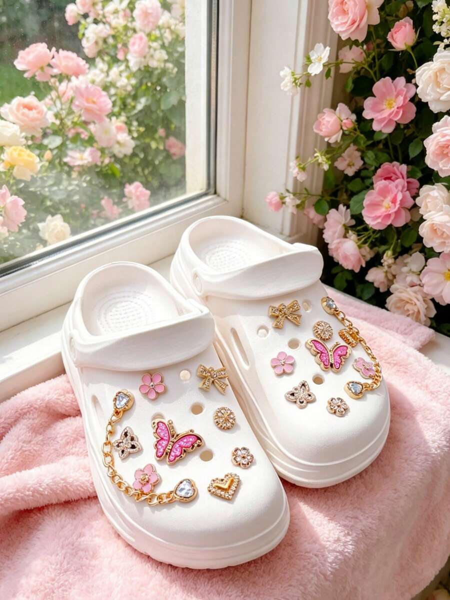 18件套可拆卸花园鞋配件DIY套装 - 包括蝴蝶结、水钻链、蝴蝶、小花鞋夹,用途广泛,适用于女士凉鞋、拖鞋、沙滩包,是节日和生日派对的理想礼物。 - 粉色 - 查看 1