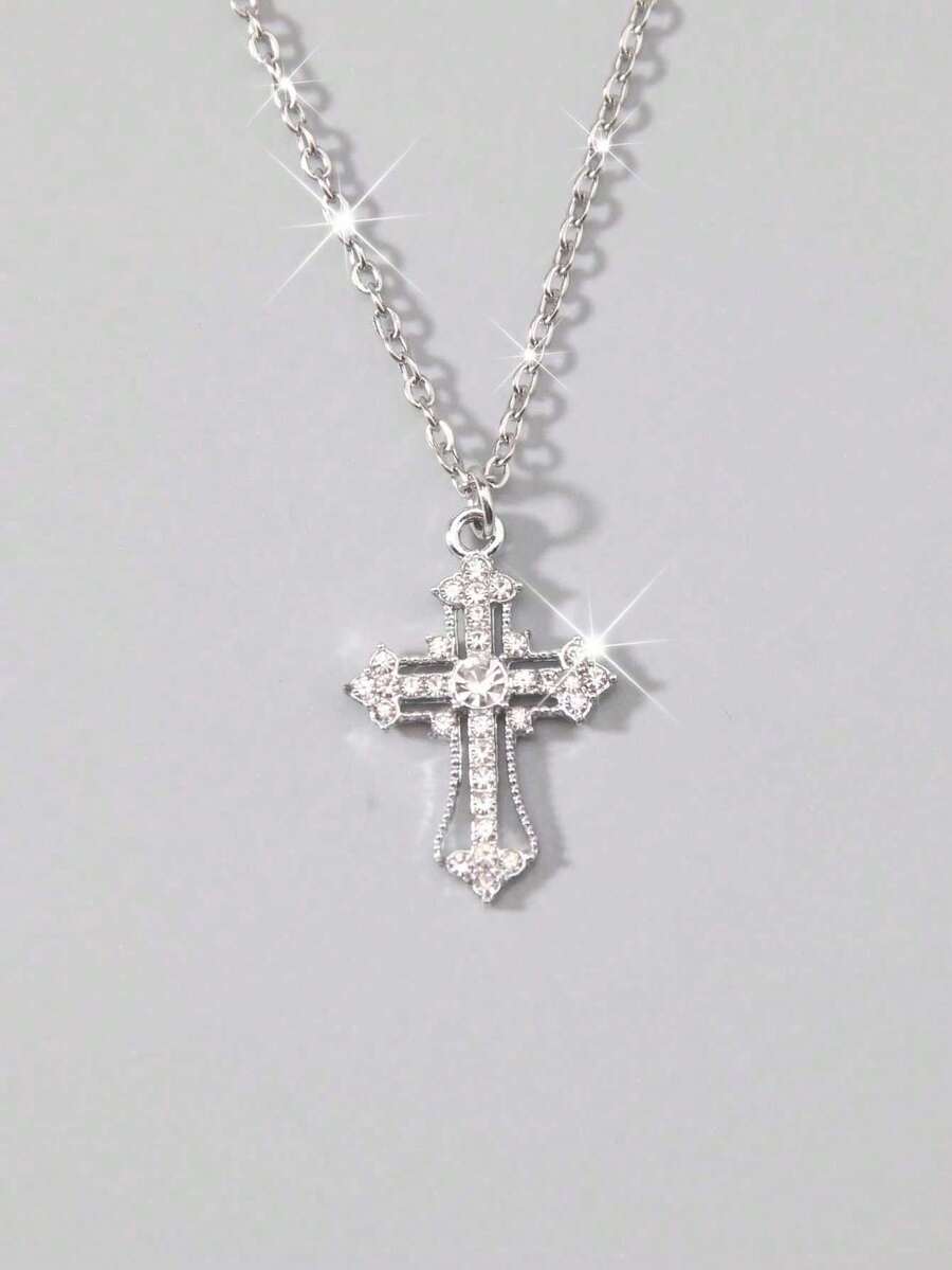 Gothic Style Rhinestone Cross Necklace, Unique Design Minimalist Chic Delicate Choker Necklace, Valentine's Day Gift - Silver a - View 1