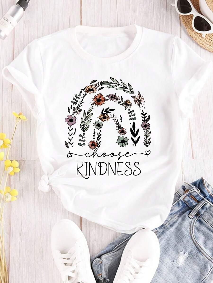 Fashionable T-Shirt With Round Neck And Short Sleeves KINDNESS With Floral Lettering - White - View 1
