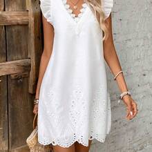 Frenchy Vestido de mujer con mangas con volantes, parches de encaje y bordado de ojal texturizado - Blanco - Ver 2