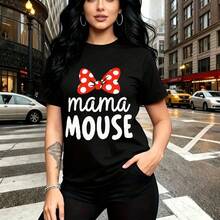 Camiseta de mujer con estampado divertido de "mama MOUSE" con lazo de lunares rojos y texto blanco - camiseta casual de manga corta con ajuste cómodo y estilo urbano, perfecta para el Día de las Madres en México y el Día de la Madre - ideal para mamá - Negro - Ver 9