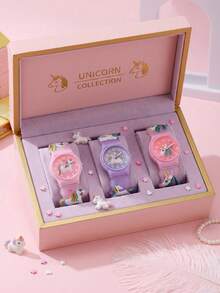 3pcs/Set Unicorn Cartoon Wrist Watches For Teens, Silicone Band, No Gift Box, Ideal For Back To School, Vacation & Daily Holiday Wear - Multicolor - View 1