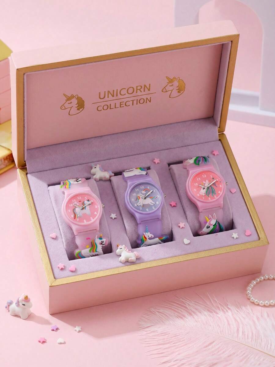 3pcs/Set Unicorn Cartoon Wrist Watches For Teens, Silicone Band, No Gift Box, Ideal For Back To School, Vacation & Daily Holiday Wear - Multicolor - View 1