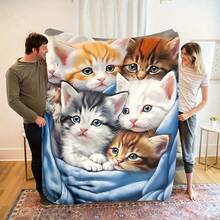 1件可爱猫咪主题数码印花毯，猫咪电影观影毯，圣诞动物猫咪时尚设计保暖午睡毯，送给家人和朋友的礼物毯 - 彩色 - 查看 11