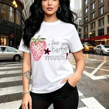 Camiseta de mujer con estampado de fresa rosa y hojas verdes - diseño casual y fresco con cuello redondo, ajuste cómodo y suave ideal para el clima cálido mexicano - perfecta para paseos urbanos, compras en la calle o eventos al aire libre - regalo i - Blanco - Ver 11