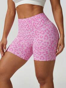 NcmRyu 1 buah Celana Pendek Olahraga Wanita Motif Leopard Pinggang Tinggi Pengontrol Perut Elastis Lembut Nyaman, Athleisure - Berwarna merah muda - View 4